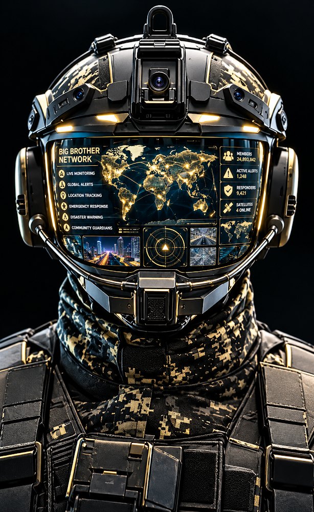 Big Brother Network guardian in a gold-trimmed tactical helmet with a heads-up visor
